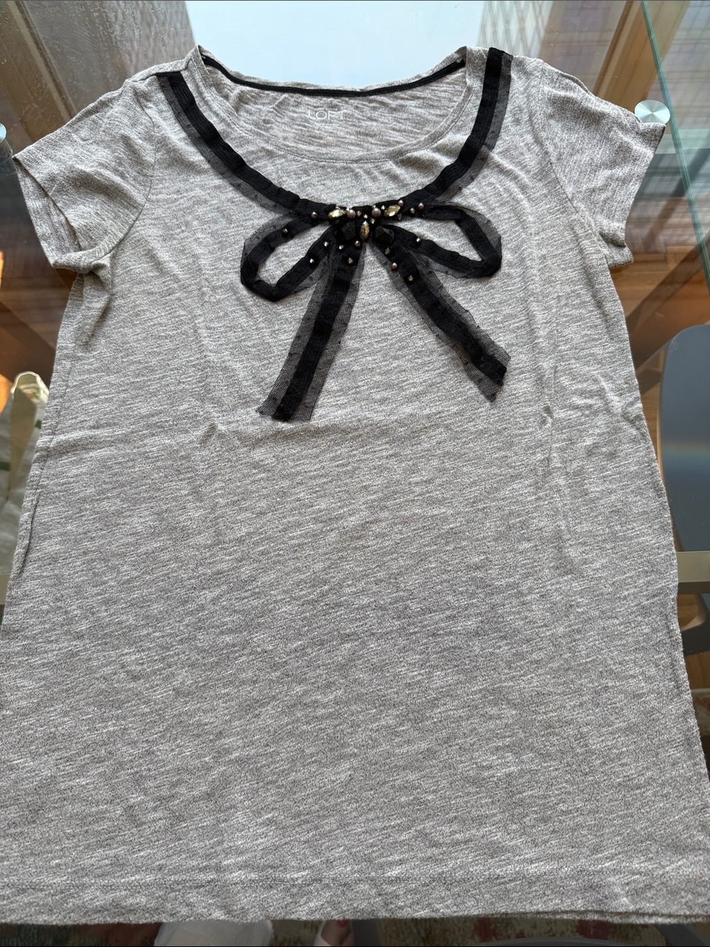 Loft Grey Heathered Short Sleeve Top W/ Black Mesh & Sequin Bow Detail. Size M.